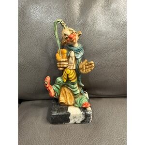 Vintage Italian Ceramic Clown Figurine on Marble Base Hand Painted Italy 7.5in